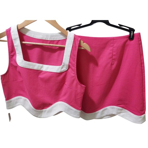 NWT Commense Pink & White Linen Blend Color Block Trim Crop Top & Mini Skirt~Med - Picture 3 of 10